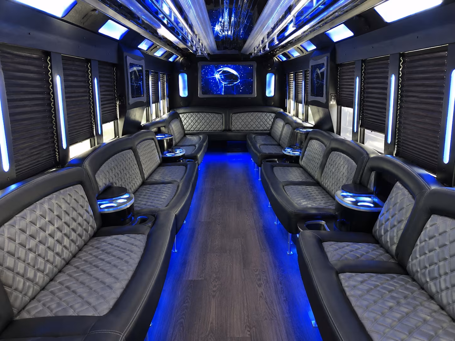 Wraparound seating inside a party bus rental serving Jacksonville